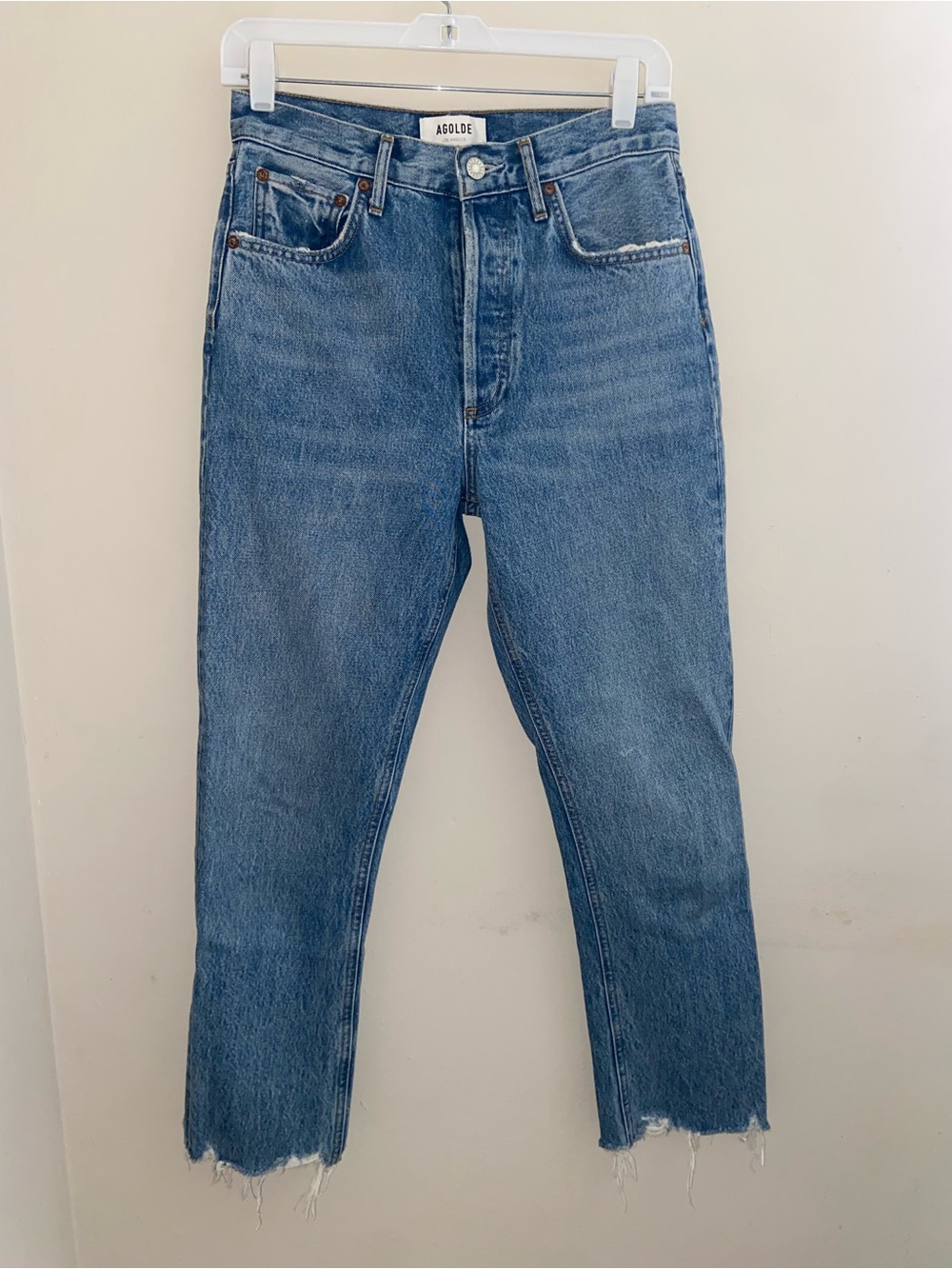 Agolde Women’s Blue Straight Jeans with Raw Hem